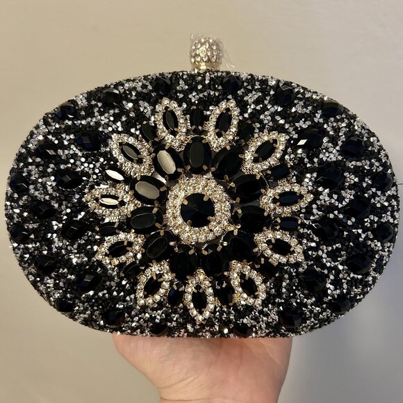 Ramla Handbags - NEW Ramla Bejeweled Crystal Evening Bag Black Gold Chain Strap Top Handle Prom